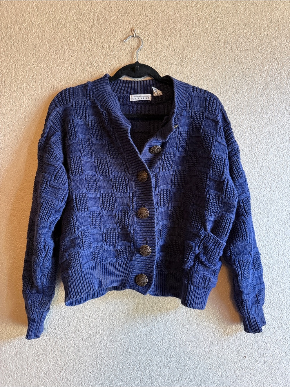 Vintage Express Blue Chunky Knit Button-Front Cardigan